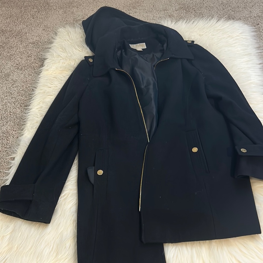 Michael Kors Women's Overcoat Size Navy Blue Wool Detachable Hood Winter Coat